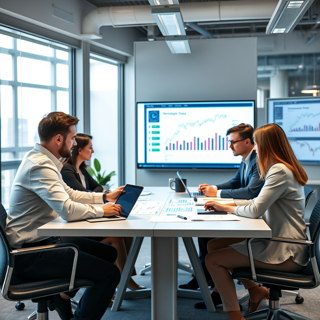 İş Alanı ekibi modern ofis ortamında toplantı masası etrafında stratejik planlama yaparken, dijital ekranlar ve iş grafikleri arka planda