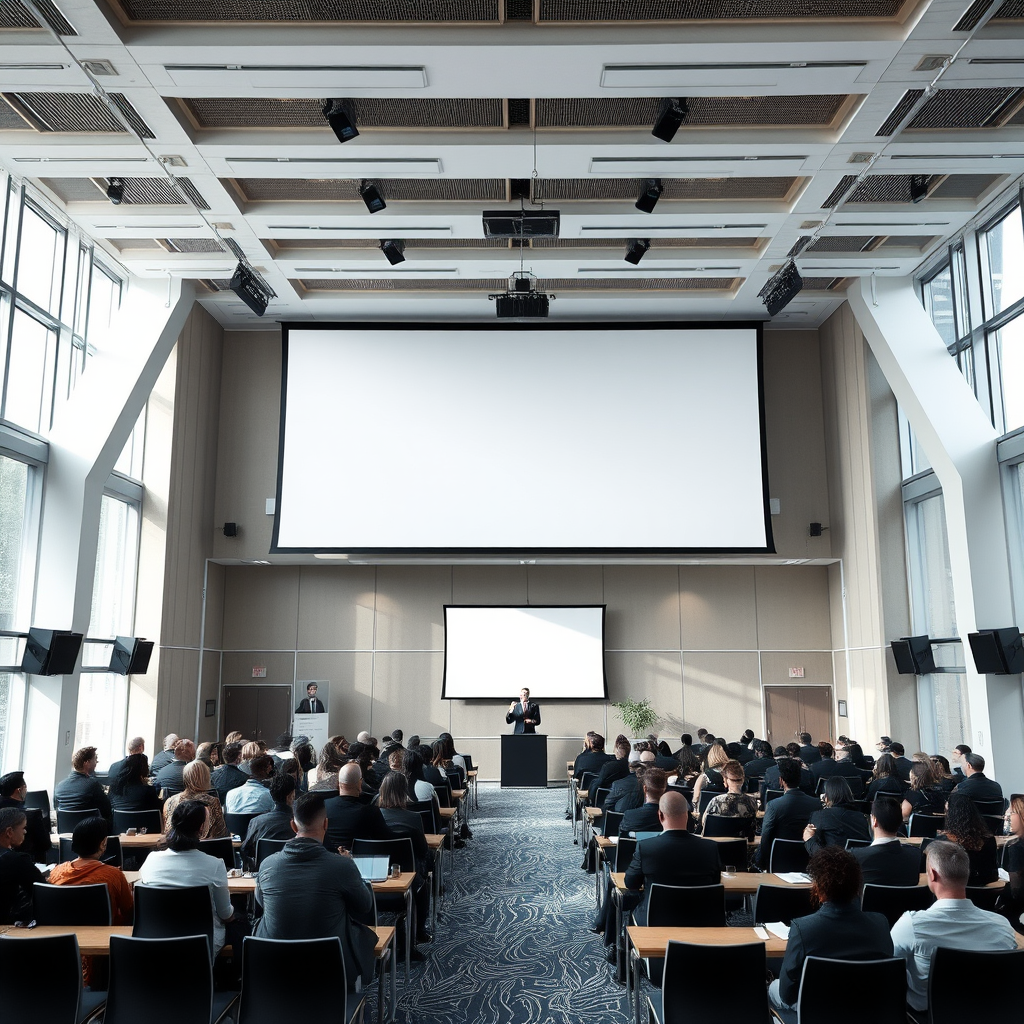 Modern konferans salonu, profesyonel sunum ortamı, iş dünyası etkinlikleri