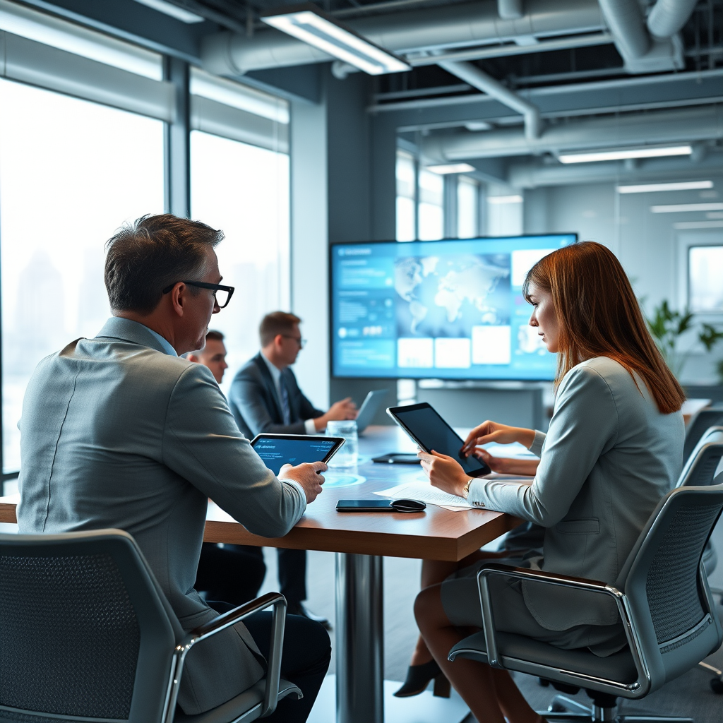 Modern ofis ortamında dijital teknolojiler kullanarak toplantı yapan iş liderleri, hologram ekranlar ve tablet cihazlarla çalışan profesyoneller