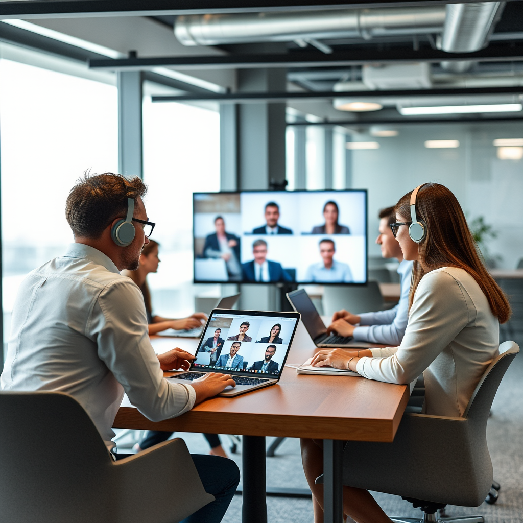 Modern ofis ortamında laptop kullanarak uzaktan çalışan profesyoneller, video konferans toplantısı yapan iş ekibi