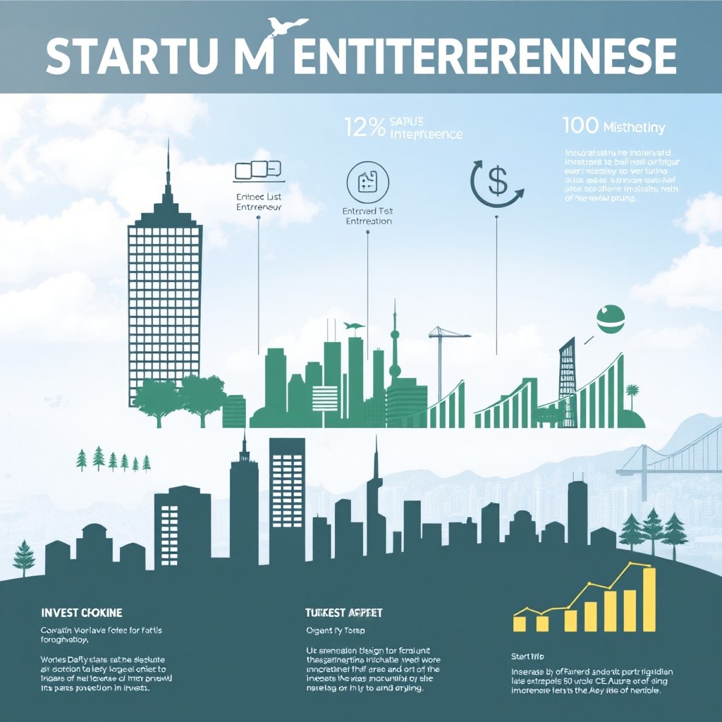 Türkiye haritası üzerinde startup ve girişimcilik sembolları, modern ofis binalarının silueti ve yatırım grafiklerinin gösterildiği infografik
