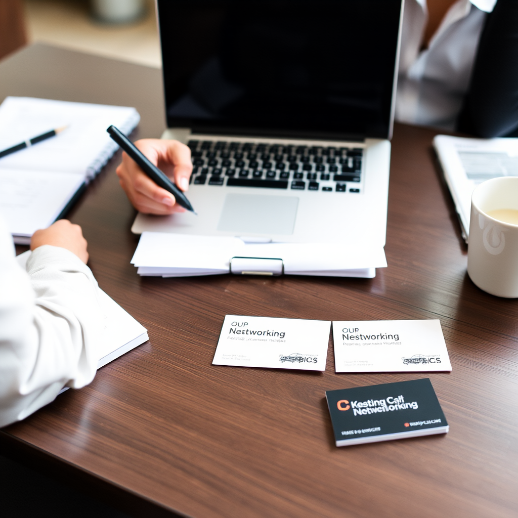 Masada laptop, notlar ve kartvizitlerle networking etkinliği için hazırlık yapan profesyonel