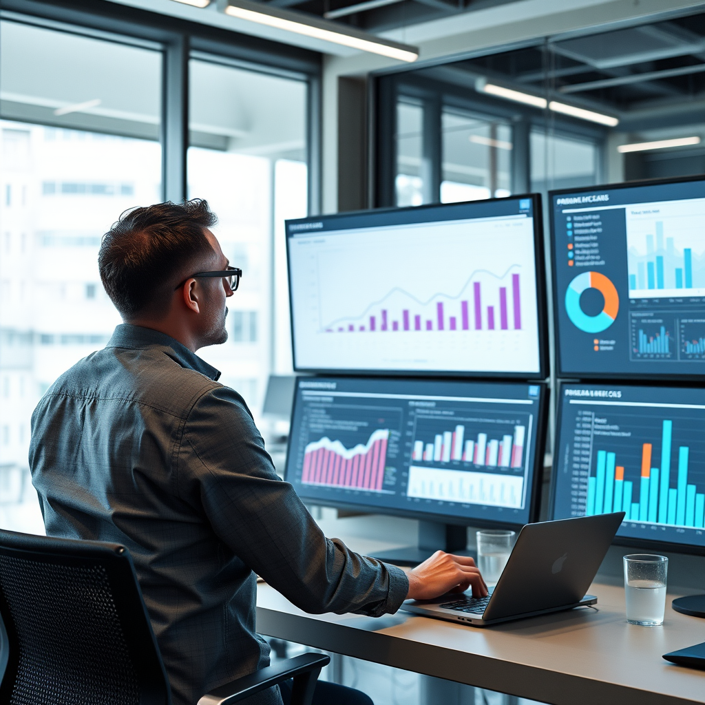 Dijital dashboard ve analitik verilerle çalışan iş lideri, büyük ekranlarda grafikler ve KPI'lar gösteren modern ofis ortamı