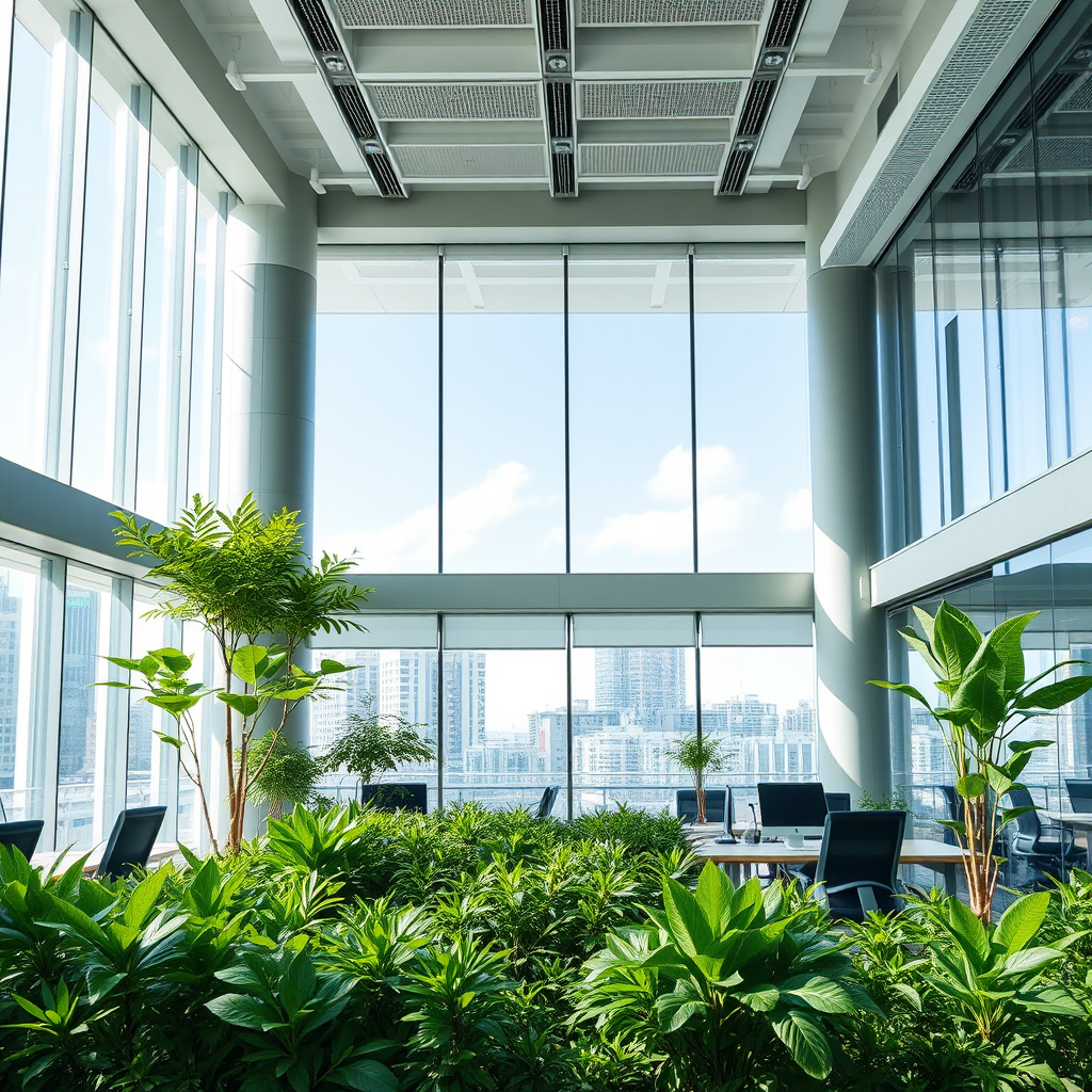 Modern ofis binasında yeşil teknoloji ve sürdürülebilir iş uygulamaları gösteren görsel