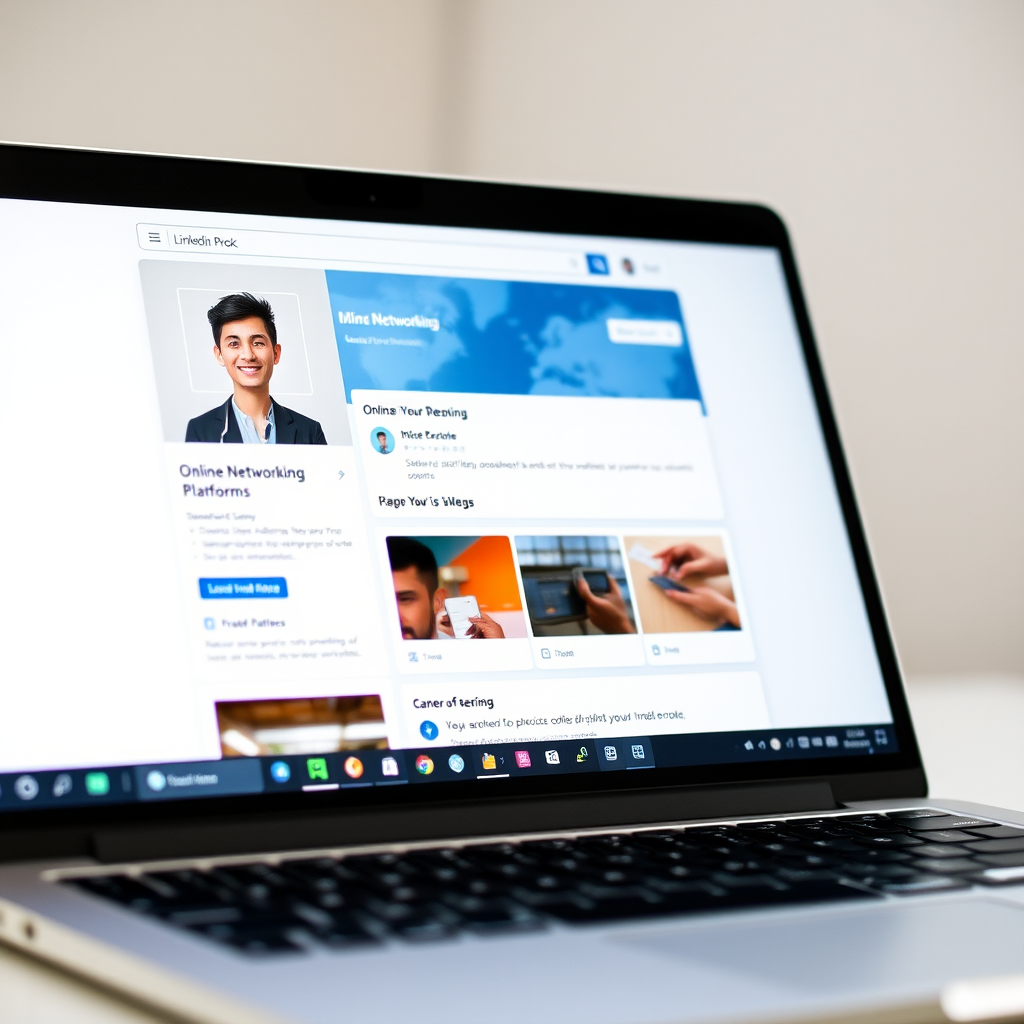 Laptop ekranında LinkedIn profili ve çevrimiçi networking platformları görüntüleniyor