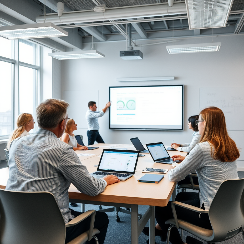 Çeşitli yaş gruplarından profesyonellerin dijital eğitim aldığı modern eğitim sınıfı, interaktif beyaz tahta ve laptop'larla çalışan katılımcılar