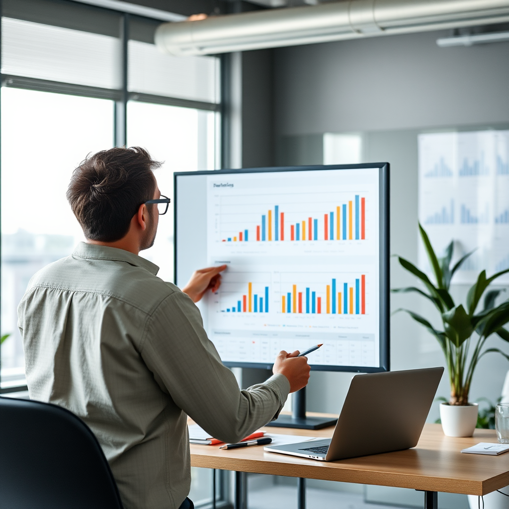 İş verimliliği grafiklerini inceleyen profesyonel, uzaktan çalışma performans metrikleri ve analiz raporları