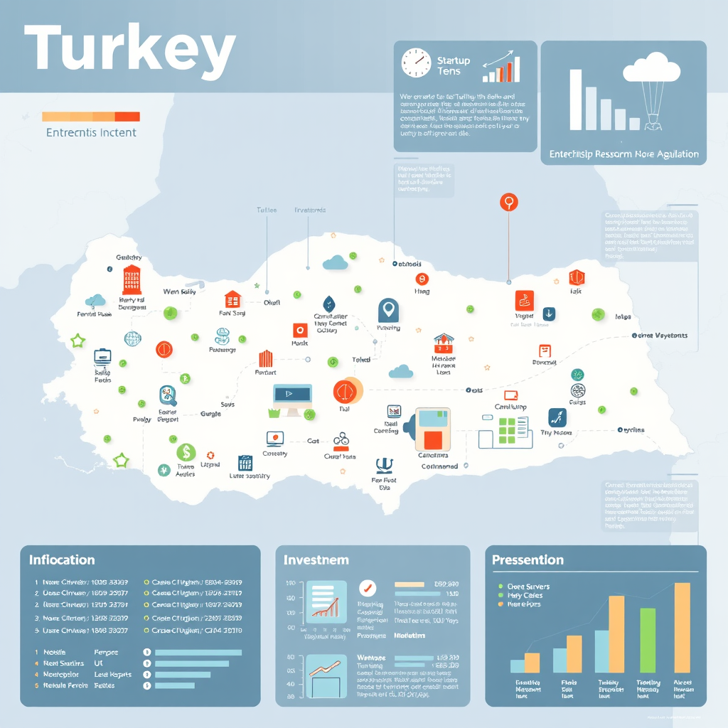 Türkiye haritası üzerinde startup ikonları, yatırım grafikleri ve girişimcilik ekosistemini temsil eden modern infografik görseli