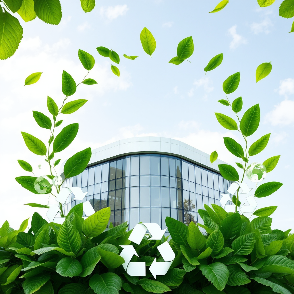 Yeşil yapraklar ve geri dönüşüm sembolleri ile çevrili modern şirket binası, sürdürülebilirlik ve çevre dostu iş uygulamalarını temsil eden görsel