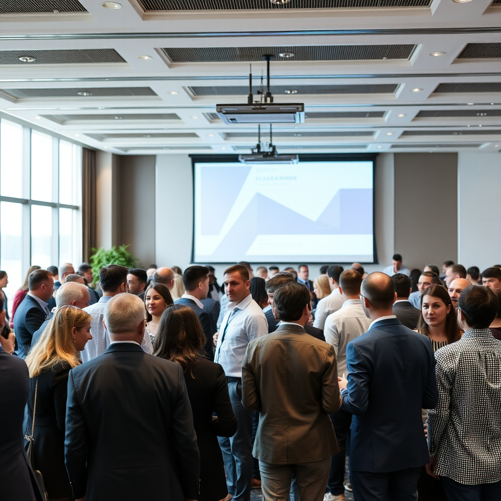 İstanbul'da modern iş merkezi konferans salonunda Türk profesyonellerin katıldığı networking etkinliği