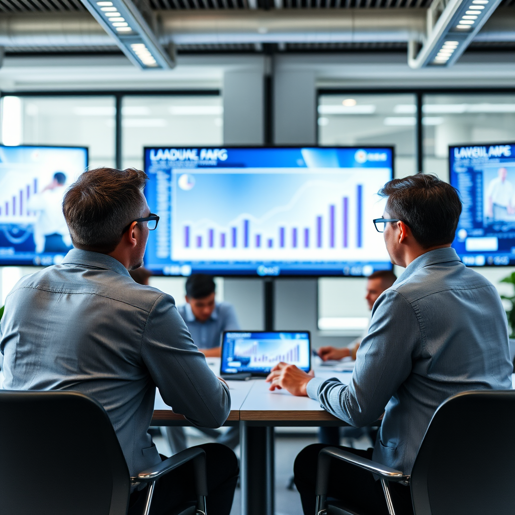 Modern ofis ortamında dijital ekranlar önünde liderlik toplantısı yapan profesyoneller, teknoloji ve yönetim konseptini yansıtan görsel