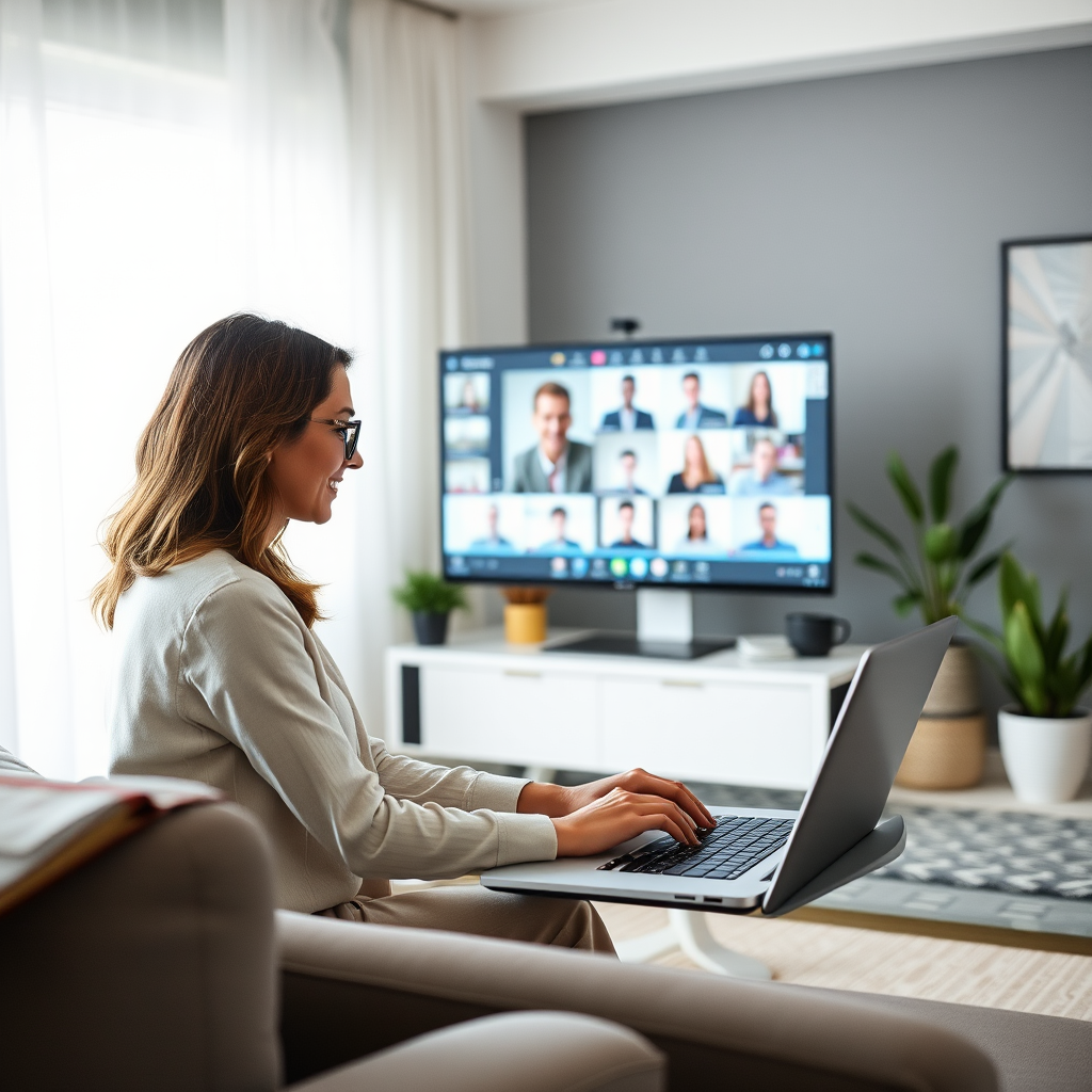 Evden çalışan profesyonel kişi laptop başında, arka planda video konferans ekranı ve modern ev ofisi düzeni